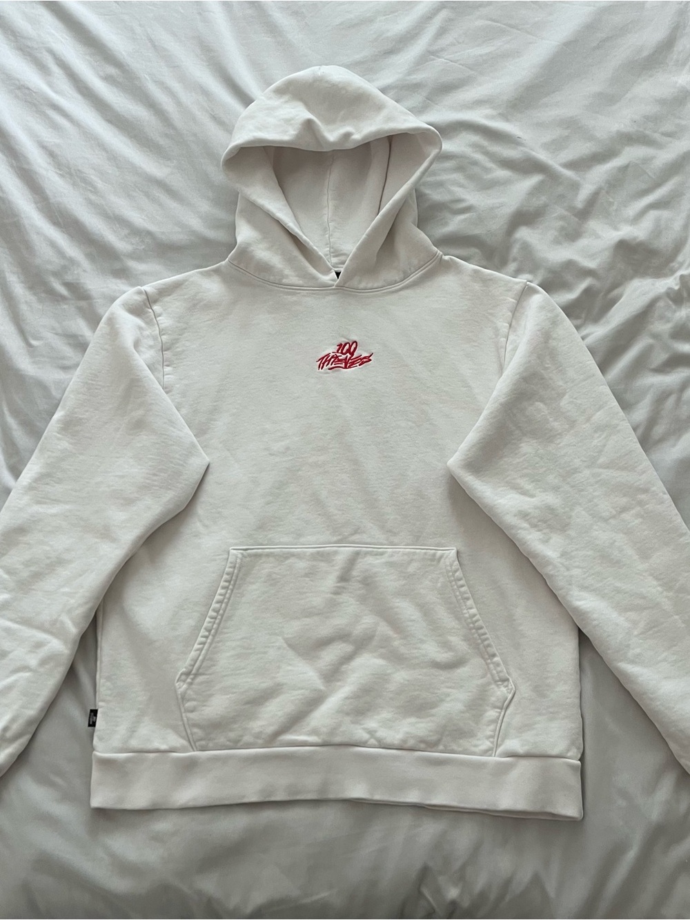 White Men's Hooded Sweatshirt with Small Red Script Logo